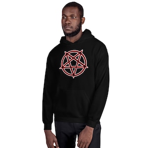 May include: Black hooded sweatshirt with a red pentagram graphic.