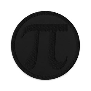 May include: A black embroidered patch featuring the Greek letter Pi (π) inside a circle. The patch has a textured appearance and is likely made of fabric. The design is simple and bold, suitable for various applications.