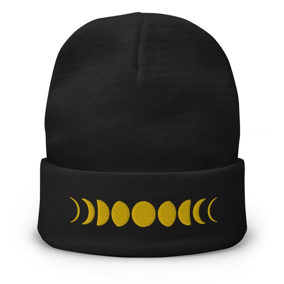 Black Moon Phase Embroidered Beanie - Moon Phase Cuffed Knit Beanie - Etsy main image 4