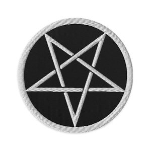 May include: A black and white embroidered patch with a pentagram design. The pentagram is outlined in white and has a black background. The patch is circular and has a white border.