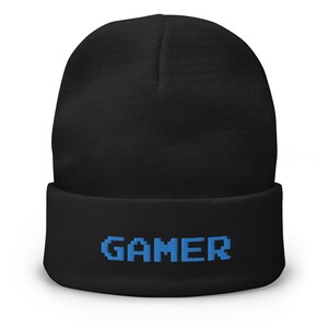 8 Bit Gamer Embroidered Cuff Beanie 80&#39;s Retro Style Gaming Blue Thread