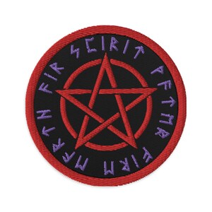 May include: A red pentagram with a purple circle around it. The circle contains the text "FIRTH SCIR FIRTH" in purple.