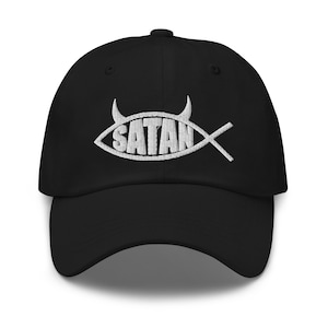 Satan Fish with Horns Religious Satire Embroidered Baseball Cap Satanic Dad Hat