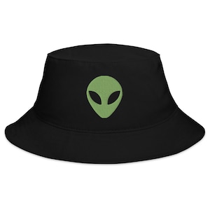 Alien Face Little Green Men Embroidered Bucket Hat Space Invader