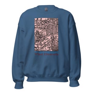 May include: A blue sweatshirt with a graphic print of a historical illustration. The print shows a scene with figures, buildings, and text that reads "The Feast of the Impaler" and "Vlad Dracula" in red.