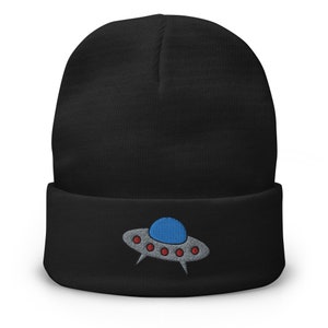 Space Alien Ship UFO Flying Saucer Embroidered Cuff Beanie