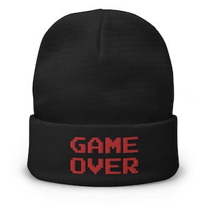 Game Over 8 Bit Embroidered Cuff Beanie Red Thread 80&#39;s Classic Gaming