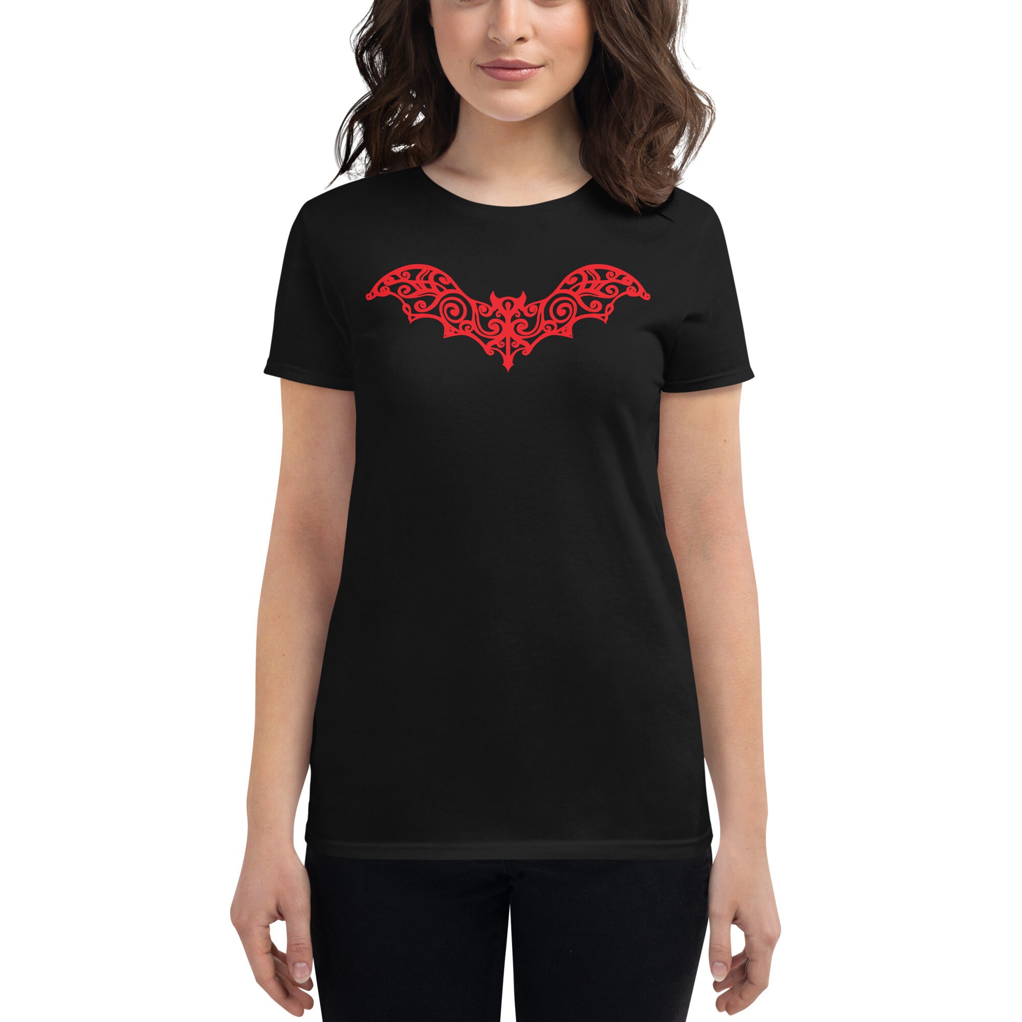 Discover Red Gothic Wrought Iron Style Vine Bat Women's Short Sleeve Babydoll T-shirt