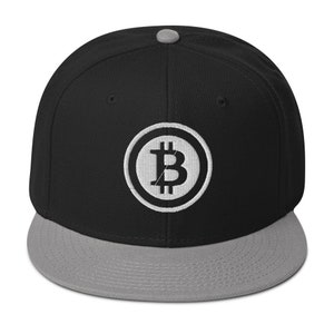 May include: A black and gray baseball cap with a white Bitcoin symbol embroidered on the front.