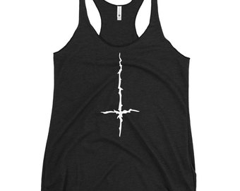 White Melting Inverted Cross Black Metal Style Women's Racerback Tank Top Shirt