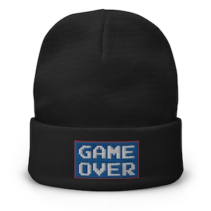 Game Over 8 Bit Embroidered Cuff Beanie 80&#39;s Classic Gaming Style