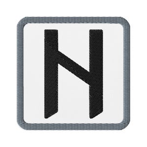May include: Embroidered patch featuring a black rune symbol on a white background. The rune is a stylized letter "N" with a diagonal line. The patch has a square shape with a gray border, suitable for sewing or ironing onto fabric.
