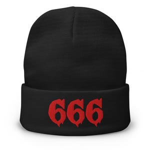 Red 666 Cuff Beanie – Gothic Embroidered Hat for Dark Streetwear, Occult Aesthetic, Alt Horror & Metal-Inspired Fashion