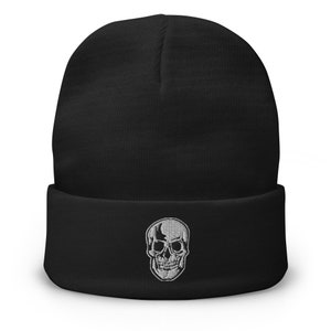 Death Skull Embroidered Cuff Beanie Halloween Horror Style