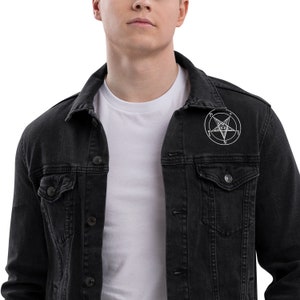 White Embroidered Baphomet Sigil on Black Unisex Denim Jacket