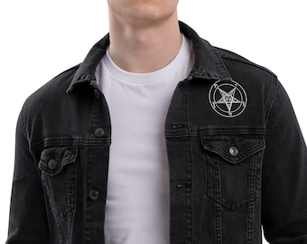 White Embroidered Baphomet Sigil on Black Unisex Denim Jacket