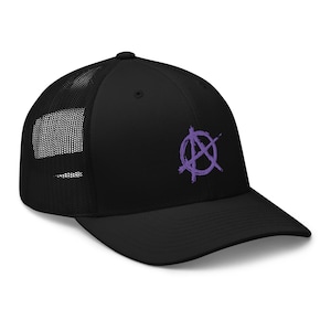 Purple Anarchy Sign Punk Rock Chaos Embroidered Retro Trucker Cap Snapback Hat