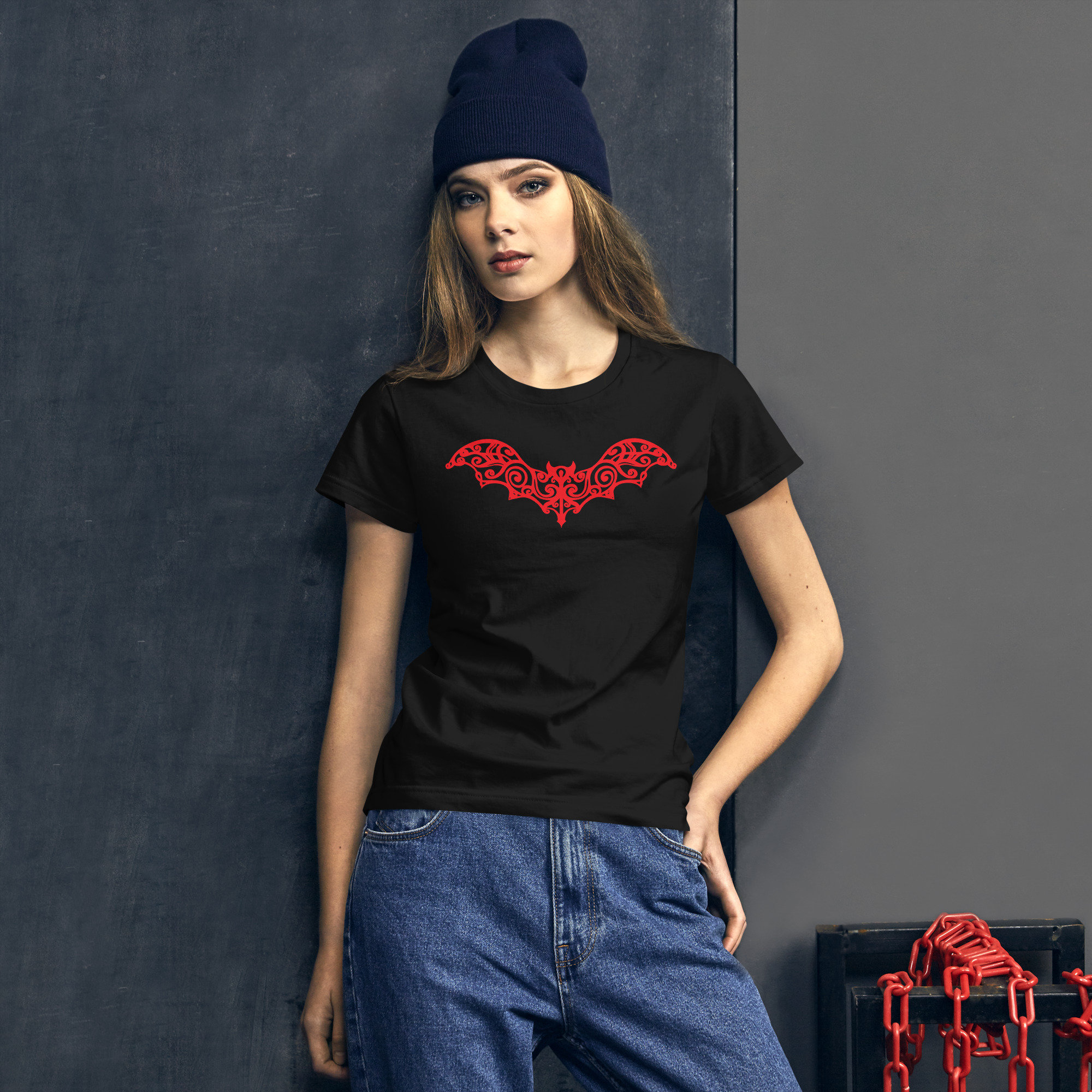 Discover Red Gothic Wrought Iron Style Vine Bat Women's Short Sleeve Babydoll T-shirt