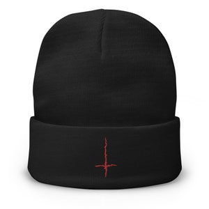Black Metal Style Inverted Cross Embroidered Cuff Beanie Satanic Ritual Red Thread