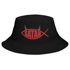 Red Satan Fish with Horns Religious Satire Embroidered Bucket Hat Satanic Church