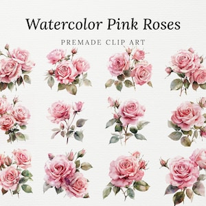 12 Pink Roses Set Clipart, Roses bouquet, Printable Watercolor clipart, Digital download, Papercraft, Wedding Clipart, Premade clipart