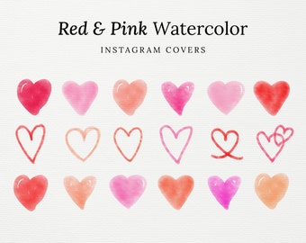 18 Red and Pink Heart Watercolor Instagram Highlight Covers, IG Story Highlight Icon Covers IG Branding Color Palette for Valentines Day