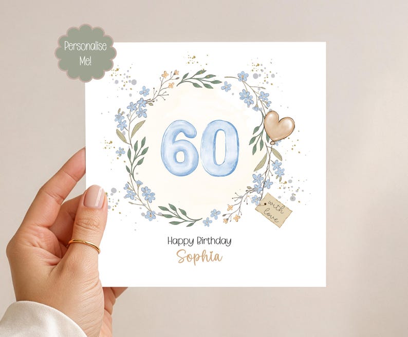 Personalised 60th Birthday Card : Skye Blue & Gold Floral - for Her - Etsy
