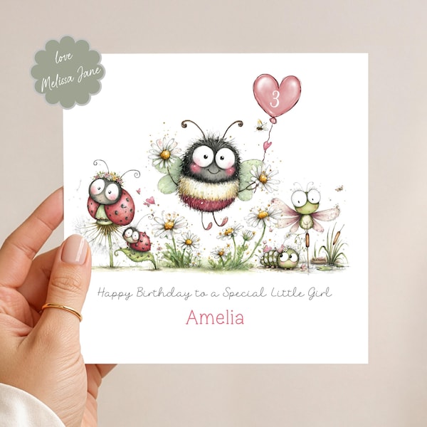 Personalised Girls Birthday Card : Any Age - Bugs - Insects - Bee - Ladybird