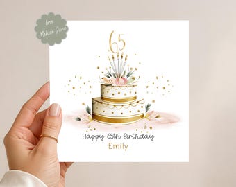 65th Birthday Card: Personalised for her - Gold Cake