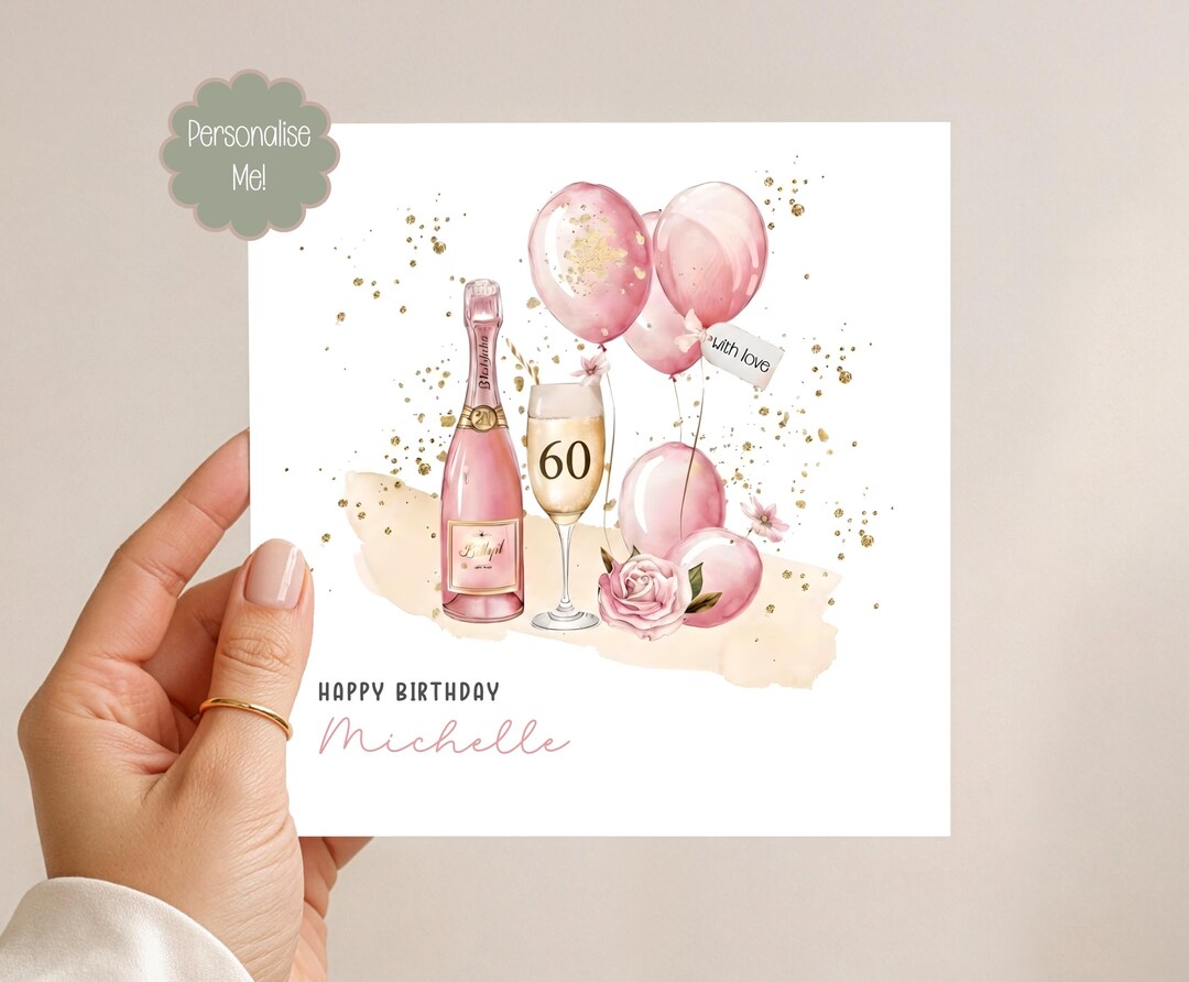 Personalised 60th Birthday Card: for Her - Pink Wine Bottle With ...