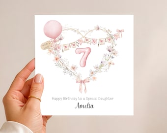 Personalised 7th Birthday Card : Pink Wildflowers & Hearts - For Daughter-Granddaughter-Niece
