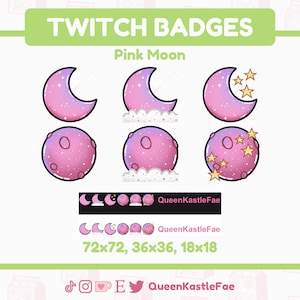 Twitch Sub Badges | Moon Sub Badges Twitch/Discord/etc | Kawaii, Full Moon, Crescent Moon, Celestial, Starry, Pink Moon