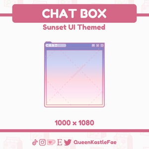 Puede incluir: Una caja de chat digital con un fondo degradado de puesta de sol. La caja tiene una barra de título que dice "CHAT" y un botón de cierre. El texto "1000 x 1080" está debajo de la caja de chat.