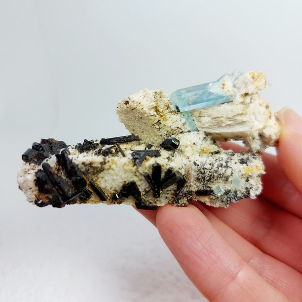 Aquamarine Crystals on Matrix with Feldspar, Schorl and Goethite after Siderite Collectors Specimen