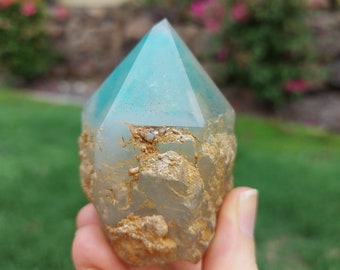 Large Ajoite Phantom in Quartz Crystal with Copper Confetti Inclusions Quality Rare Specimen