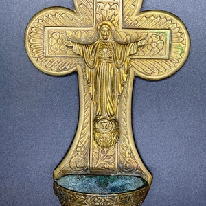 Antique Brass French Holy Water Font Crucifix