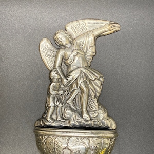 Antique Religious French Holy Water Font Silver Metal