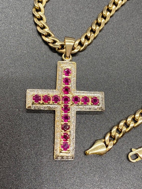 14K Yellow Gold Diamond & Ruby Cross - image 1