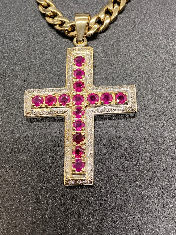 14K Yellow Gold Diamond & Ruby Cross - image 2