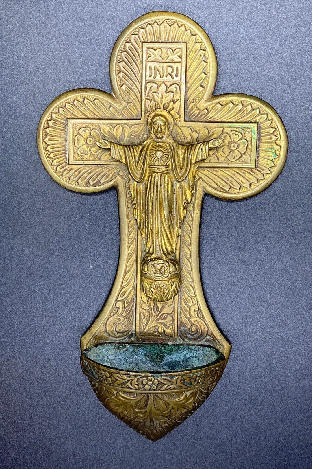 Antique Brass French Holy Water Font Crucifix Etsy