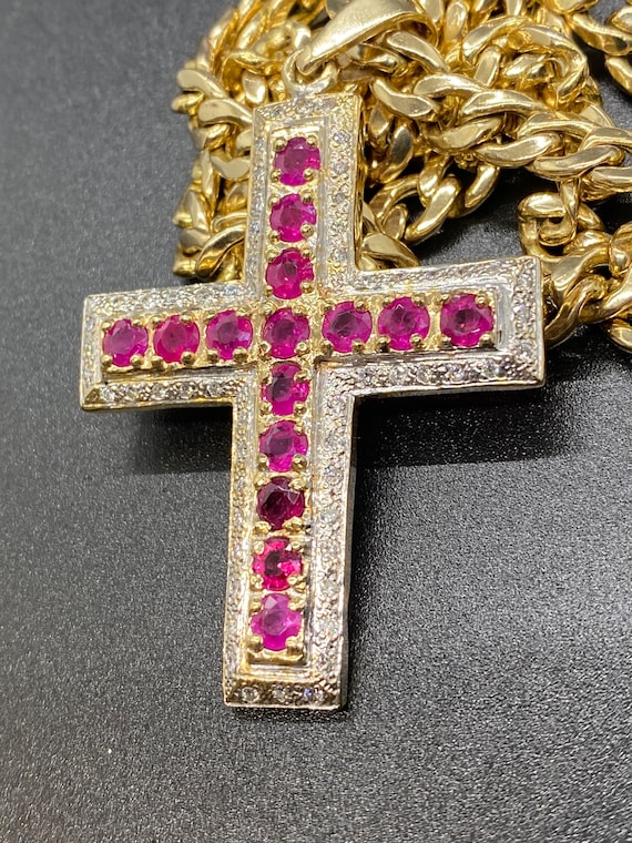 14K Yellow Gold Diamond & Ruby Cross - image 5