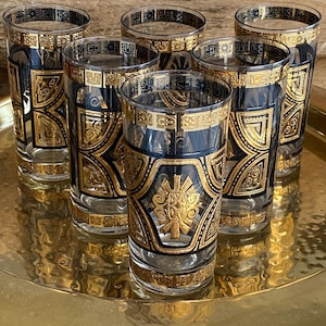 Black and 22k Gold Signed Culver Glassware Set of 6 Vintage Barware Glasses