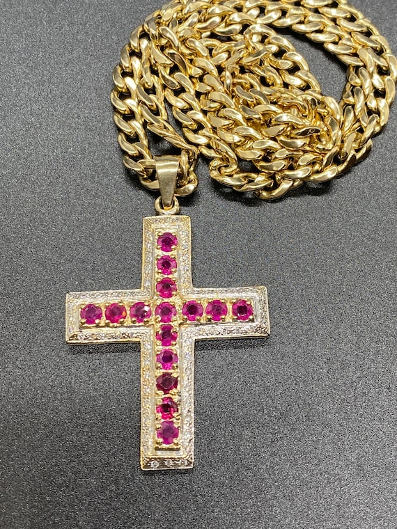 14K Yellow Gold Diamond & Ruby Cross - image 3