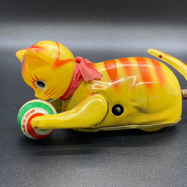 Vintage Tin Litho Celluloid Wind Up Toy Rollover Cat Made In Japan