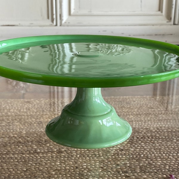 Vintage Pedestal Green Glass Lipped Cake Stand Platter