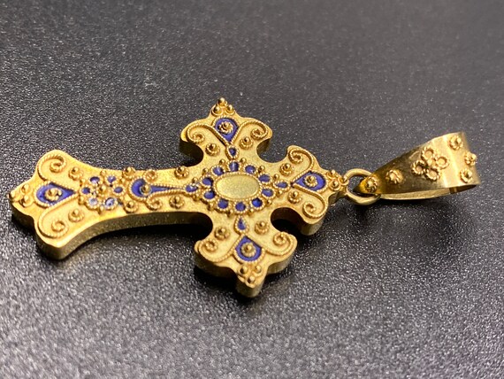 18k Gold and Blue Enamel Byzantine Filigree Cruci… - image 6