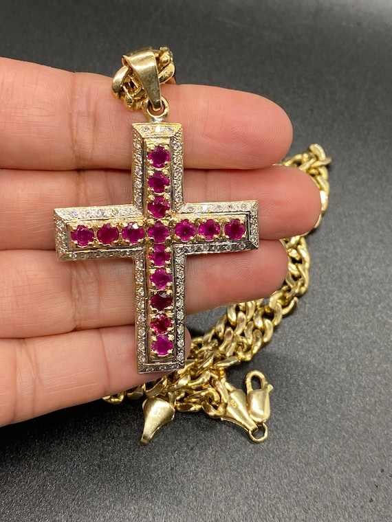 14K Yellow Gold Diamond & Ruby Cross - image 4