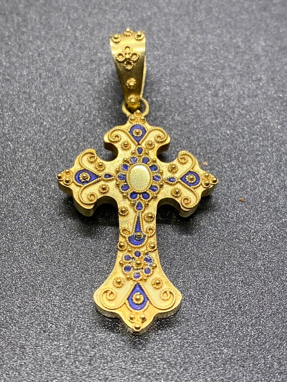 18k Gold and Blue Enamel Byzantine Filigree Cruci… - image 1