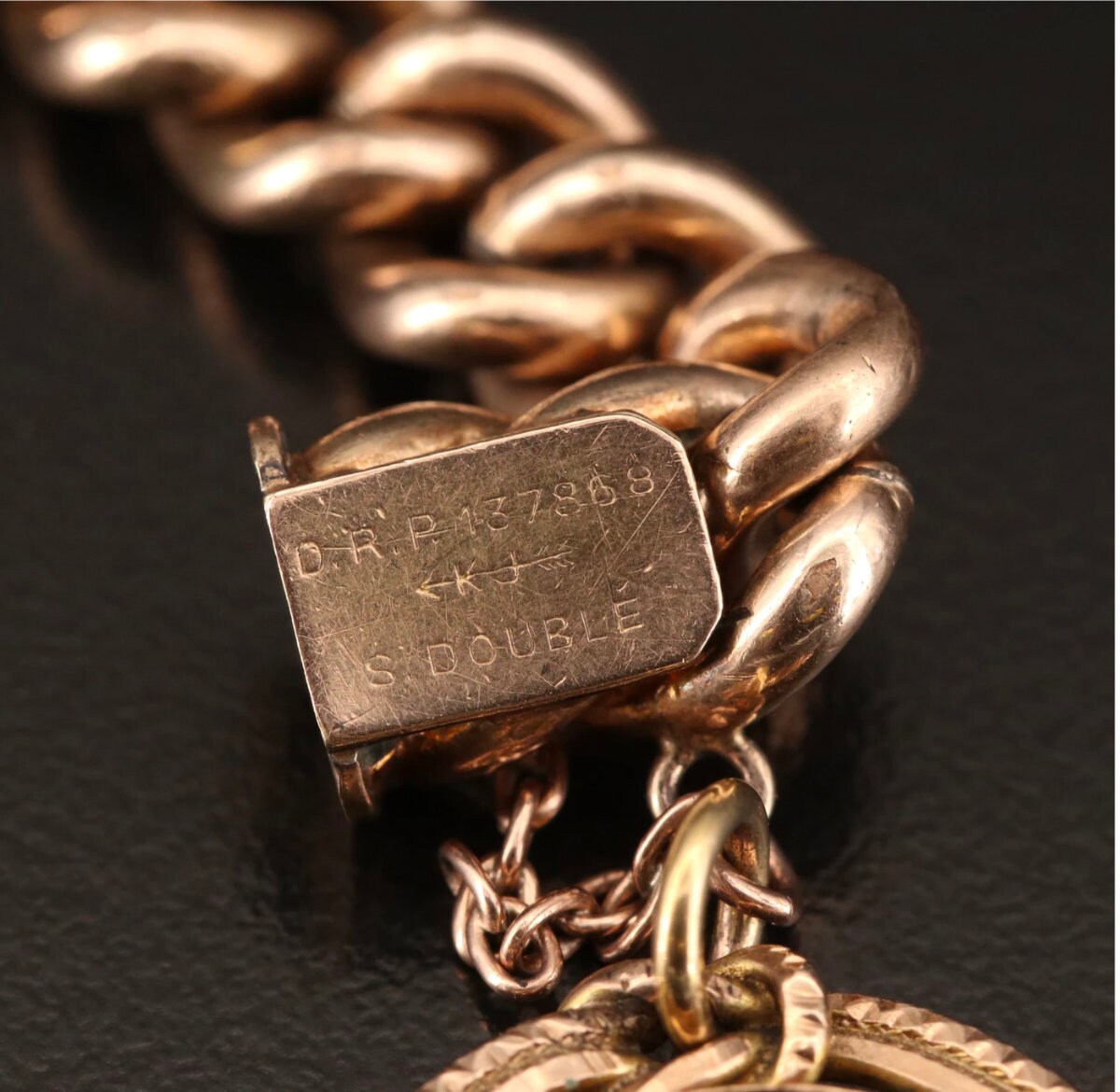 Vintage Curb Chain Bracelet With Intaglio Sard Dangle -open