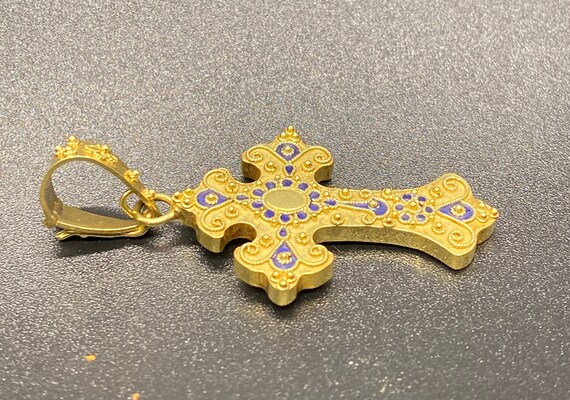 18k Gold and Blue Enamel Byzantine Filigree Cruci… - image 4